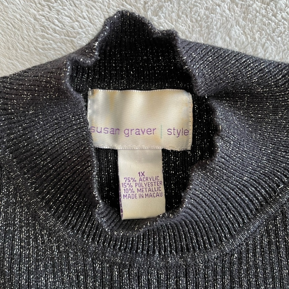 SUSAN Graver Vintage Black Multi Shimmer Mock Neck Short Sleeve Sweater Size 1X - Picture 6 of 6
